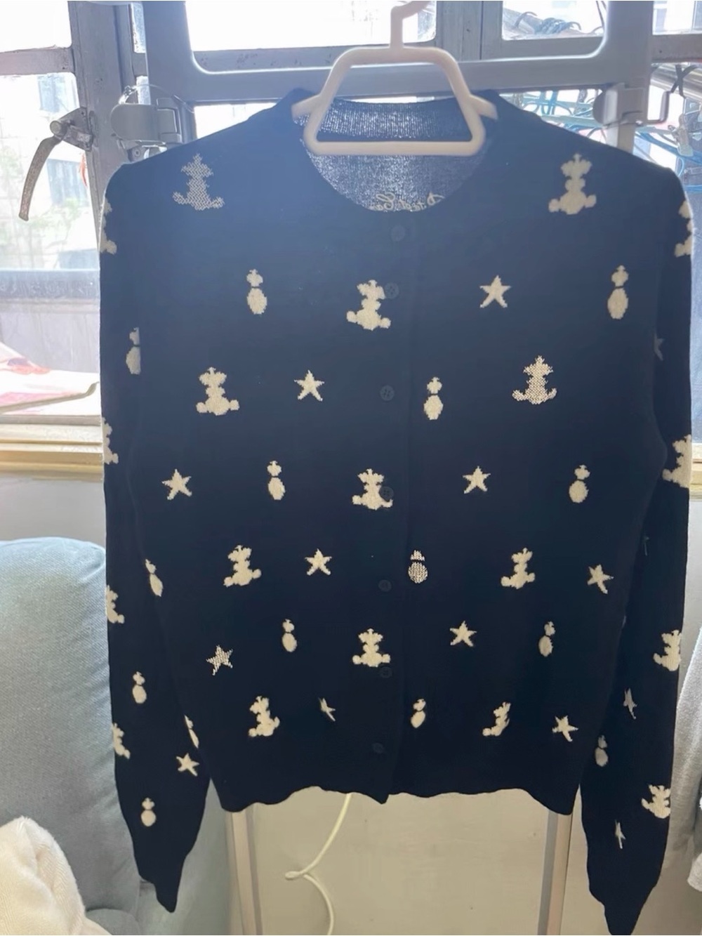 Hermes 100% Cashmere Black Cardigan with White Star & Motif Pattern